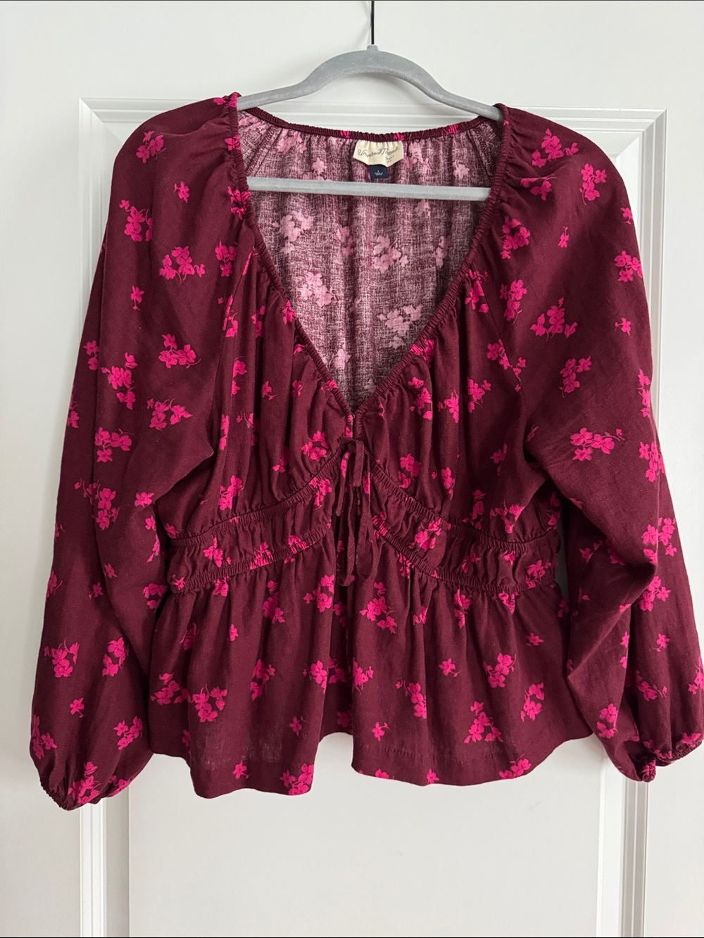 Universal Thread Maroon Peasant Blouse with Pink Floral Print